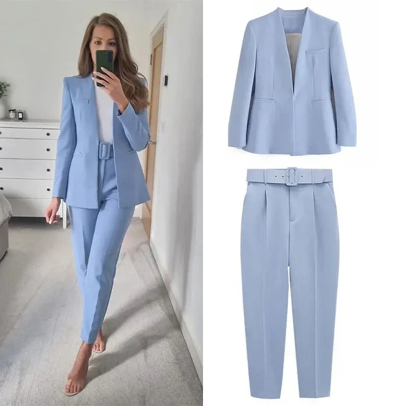 Women's Suit Set – Tailored Blazer with Single Closure – High Waist Trousers - Image 11