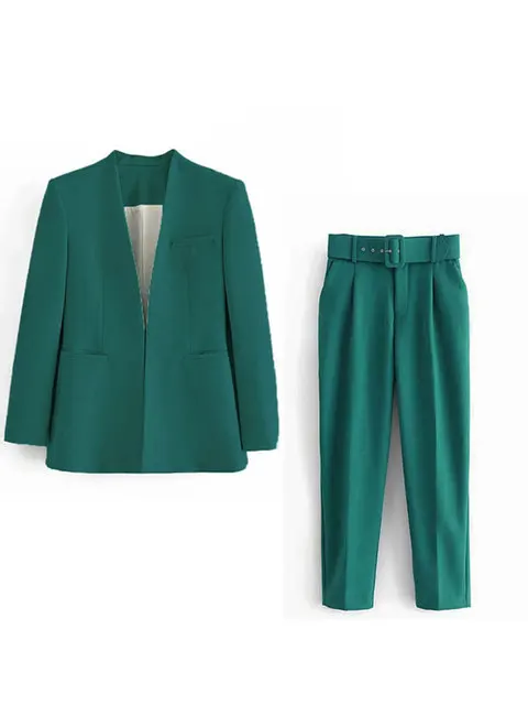Women's Suit Set – Tailored Blazer with Single Closure – High Waist Trousers - Image 17
