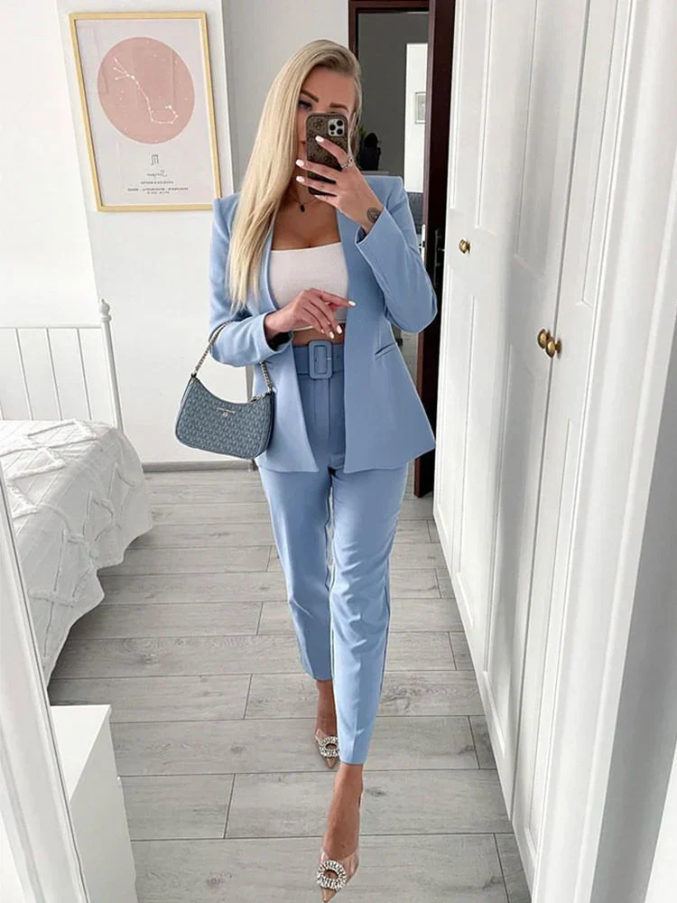 Women's Suit Set – Tailored Blazer with Single Closure – High Waist Trousers - Image 2