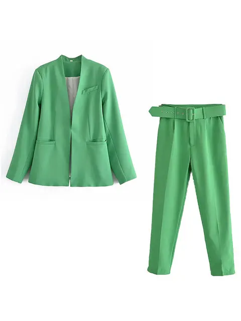 Women's Suit Set – Tailored Blazer with Single Closure – High Waist Trousers - Image 23
