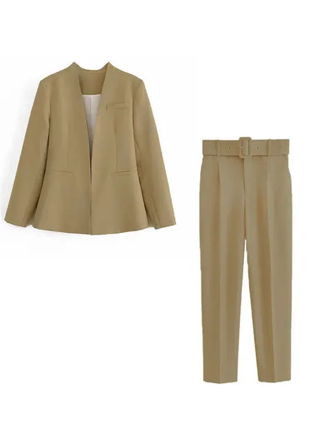Women's Suit Set – Tailored Blazer with Single Closure – High Waist Trousers - Image 29