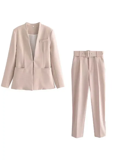 Women's Suit Set – Tailored Blazer with Single Closure – High Waist Trousers - Image 32