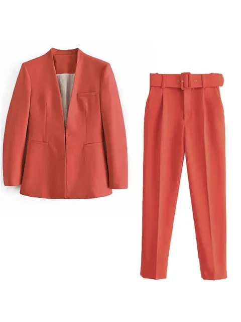 Women's Suit Set – Tailored Blazer with Single Closure – High Waist Trousers - Image 34