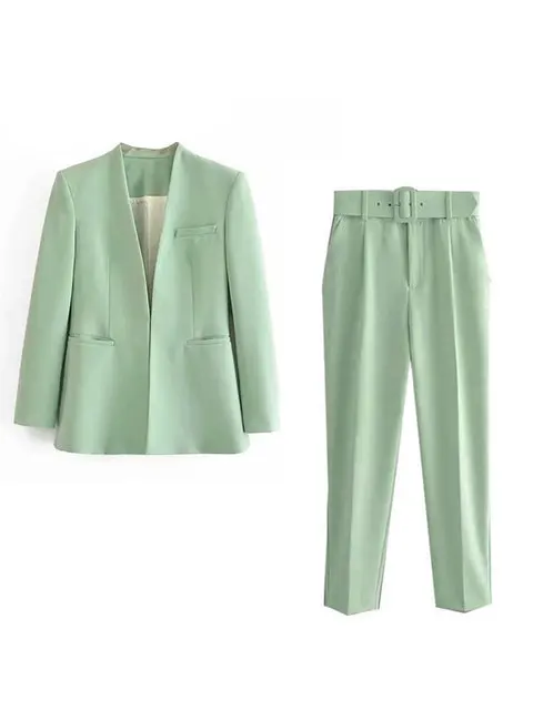 Women's Suit Set – Tailored Blazer with Single Closure – High Waist Trousers - Image 37