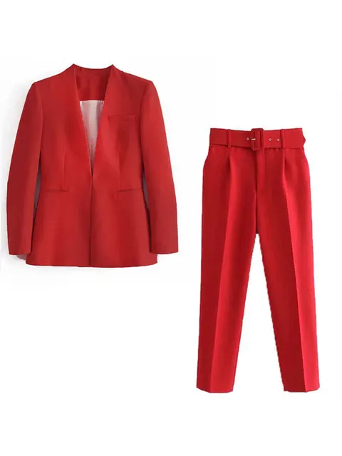Women's Suit Set – Tailored Blazer with Single Closure – High Waist Trousers - Image 44