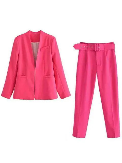 Women's Suit Set – Tailored Blazer with Single Closure – High Waist Trousers - Image 47