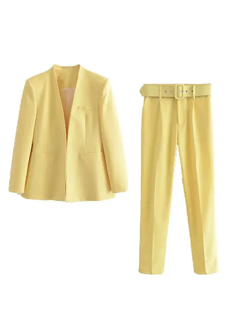 Women's Suit Set – Tailored Blazer with Single Closure – High Waist Trousers - Image 50