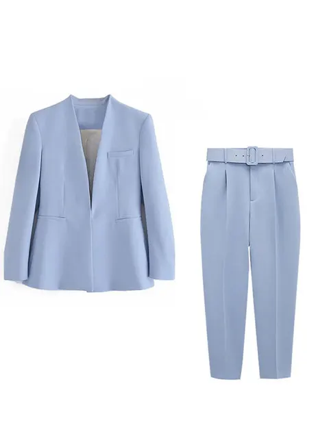 Women's Suit Set – Tailored Blazer with Single Closure – High Waist Trousers - Image 54
