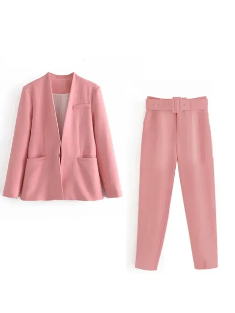 Women's Suit Set – Tailored Blazer with Single Closure – High Waist Trousers - Image 55