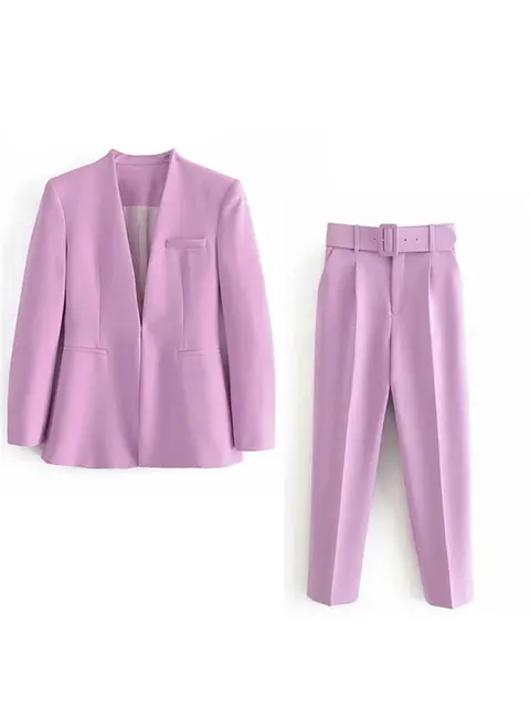 Women's Suit Set – Tailored Blazer with Single Closure – High Waist Trousers - Image 56