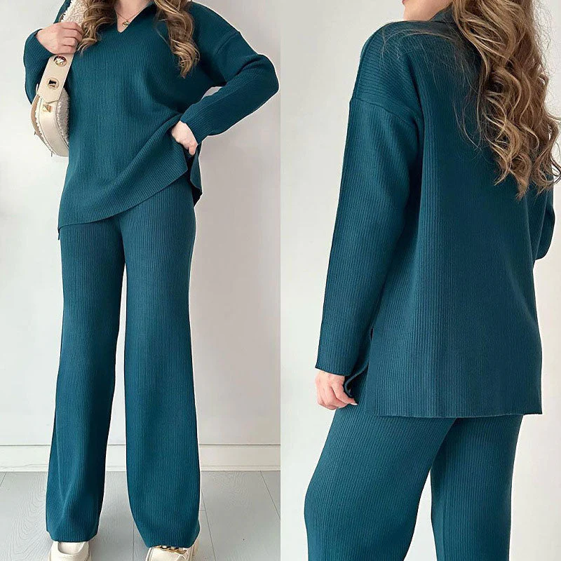 Ladies Loungewear Set - Knitted - Oversized Sweater with V-neck - Wide Pants - Soft Stretch
