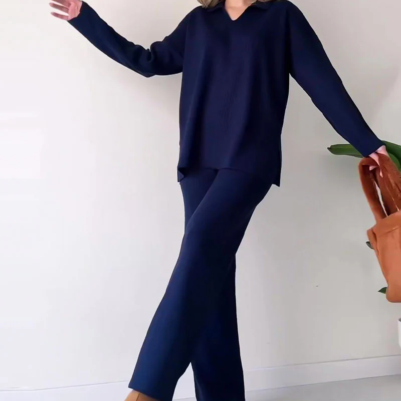 Ladies Loungewear Set - Knitted - Oversized Sweater with V-neck - Wide Pants - Soft Stretch - Image 6