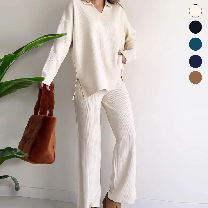 Ladies Loungewear Set - Knitted - Oversized Sweater with V-neck - Wide Pants - Soft Stretch - Image 7