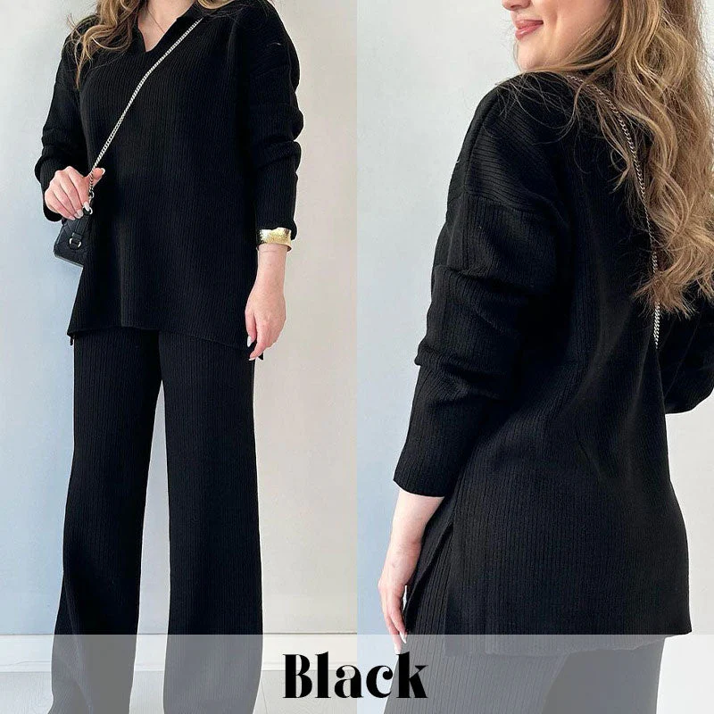 Ladies Loungewear Set - Knitted - Oversized Sweater with V-neck - Wide Pants - Soft Stretch - Image 9