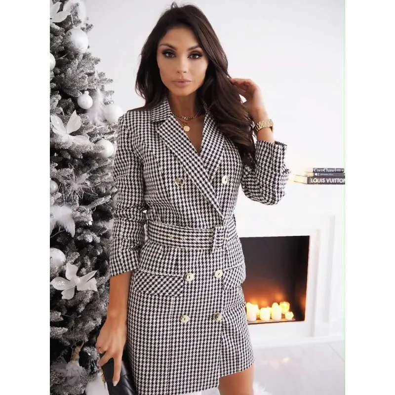 Women's Trench Dress - Check Pattern - Double-Breasted - Waist Belt - Long Sleeves - Image 2