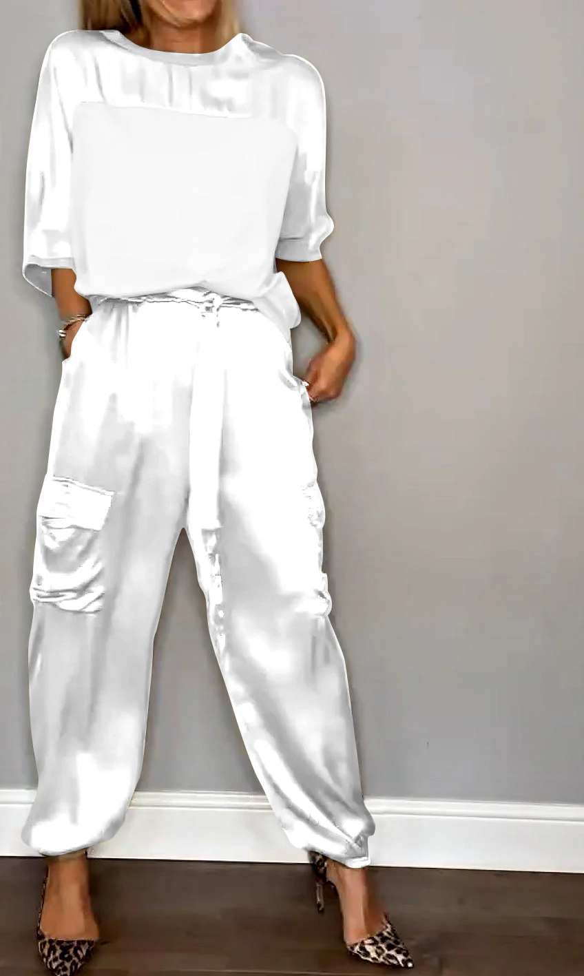 Women's Two-Piece Set – Satin Cargo Pants – Loose-Fitting Top – Comfort Fit - Image 10