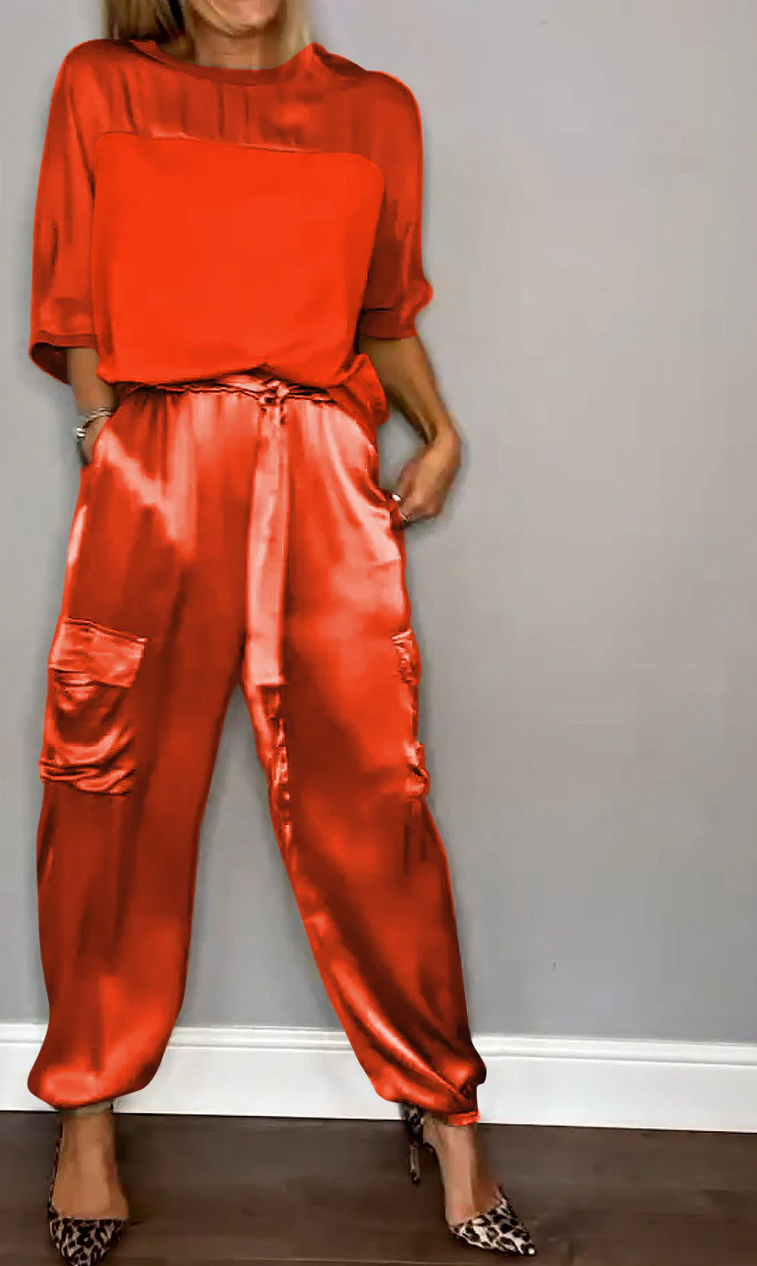 Women's Two-Piece Set – Satin Cargo Pants – Loose-Fitting Top – Comfort Fit - Image 12