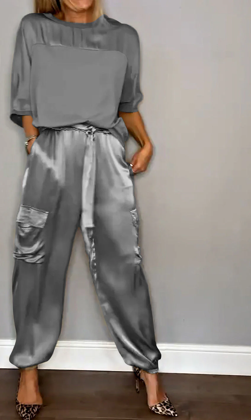 Women's Two-Piece Set – Satin Cargo Pants – Loose-Fitting Top – Comfort Fit - Image 14