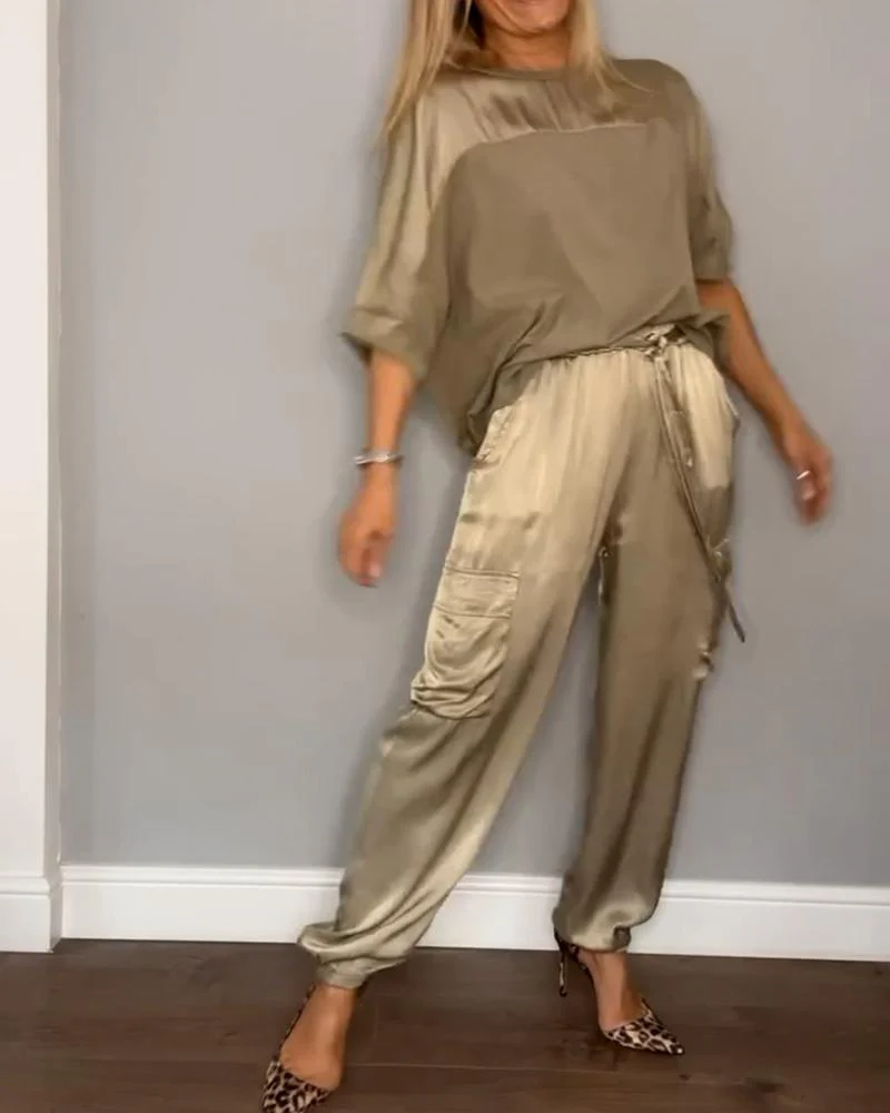 Women's Two-Piece Set – Satin Cargo Pants – Loose-Fitting Top – Comfort Fit - Image 2