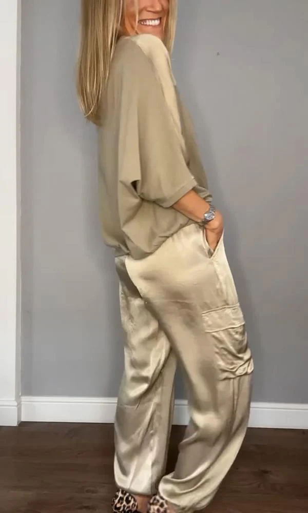 Women's Two-Piece Set – Satin Cargo Pants – Loose-Fitting Top – Comfort Fit - Image 3