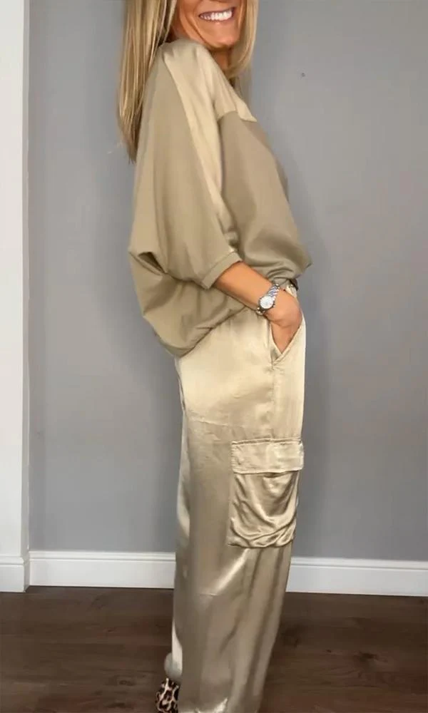 Women's Two-Piece Set – Satin Cargo Pants – Loose-Fitting Top – Comfort Fit - Image 4