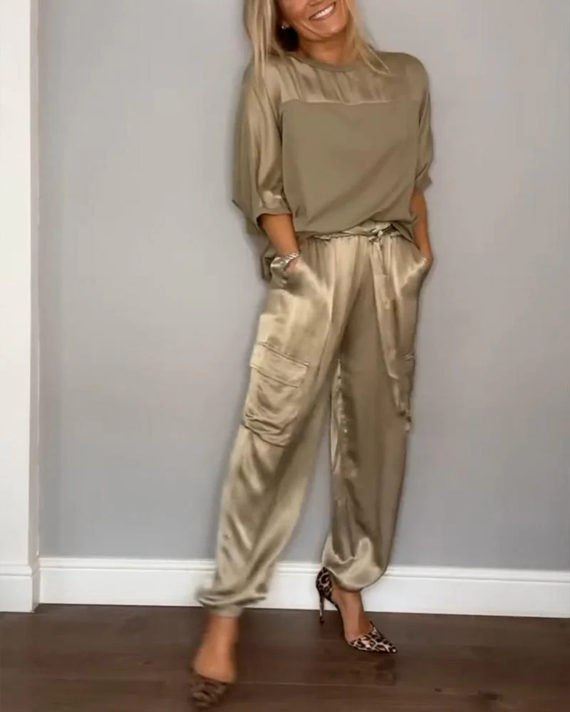 Women's Two-Piece Set – Satin Cargo Pants – Loose-Fitting Top – Comfort Fit - Image 5