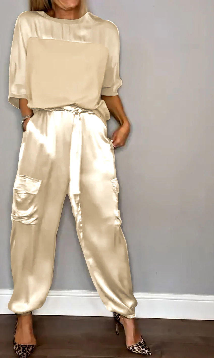 Women's Two-Piece Set – Satin Cargo Pants – Loose-Fitting Top – Comfort Fit - Image 6