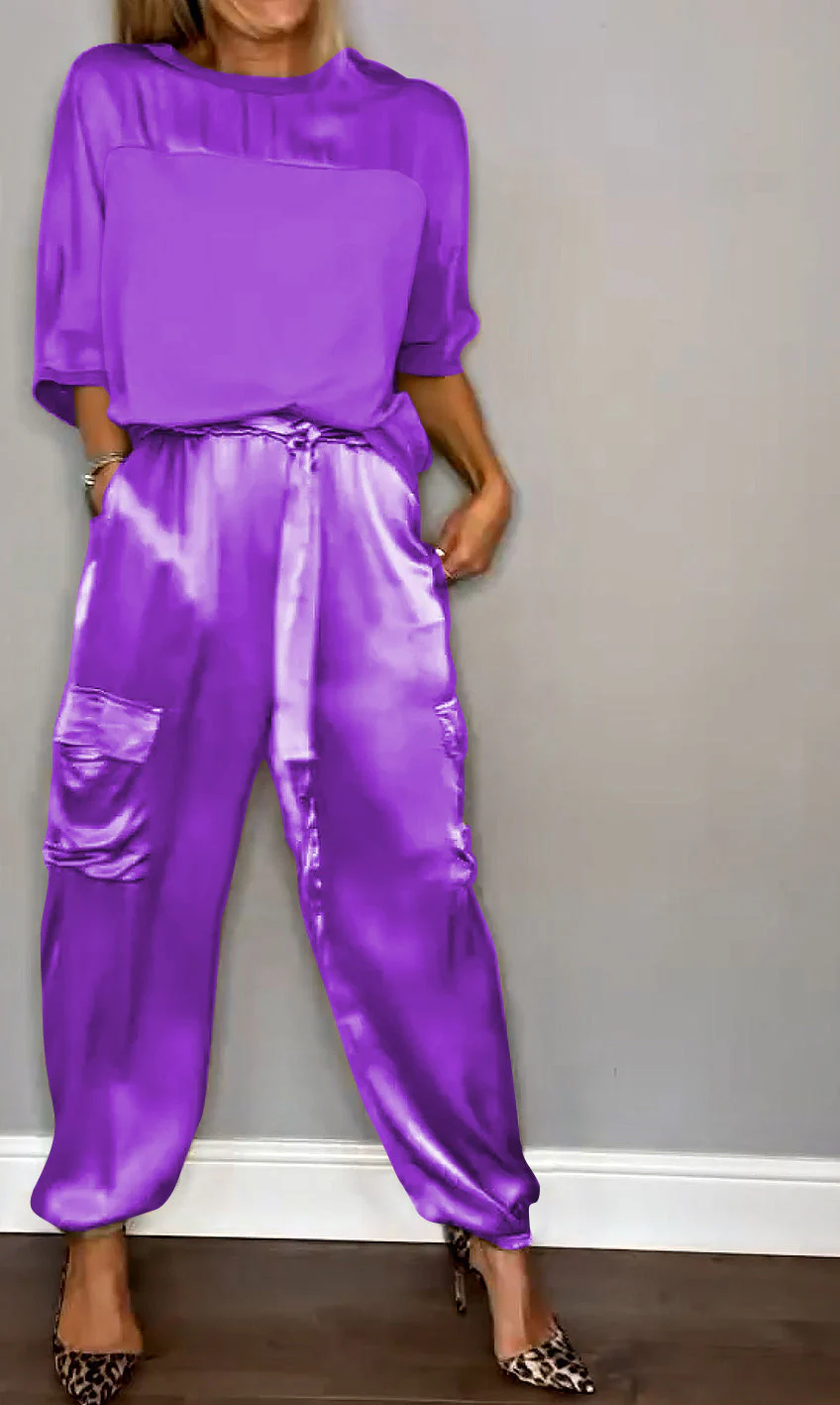Women's Two-Piece Set – Satin Cargo Pants – Loose-Fitting Top – Comfort Fit - Image 7