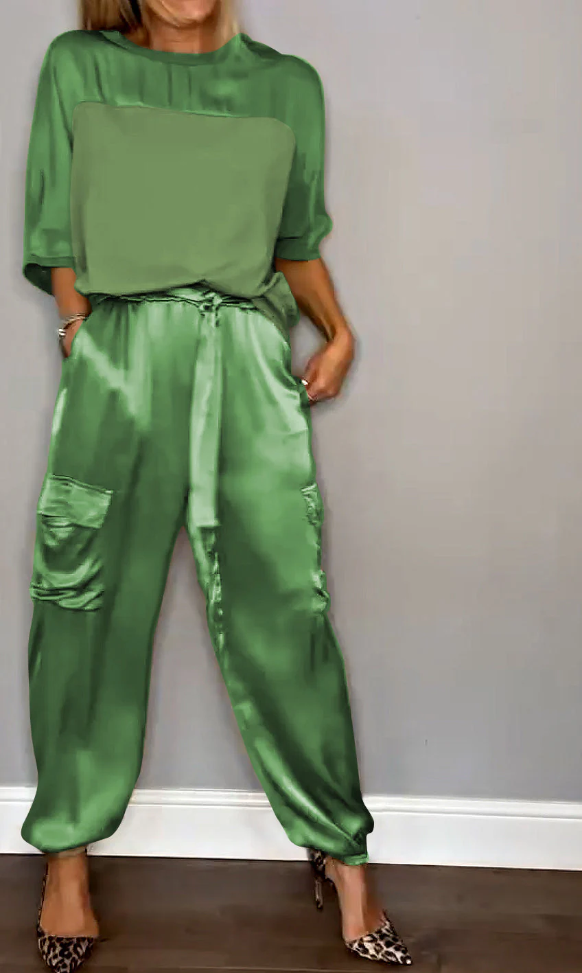 Women's Two-Piece Set – Satin Cargo Pants – Loose-Fitting Top – Comfort Fit - Image 8