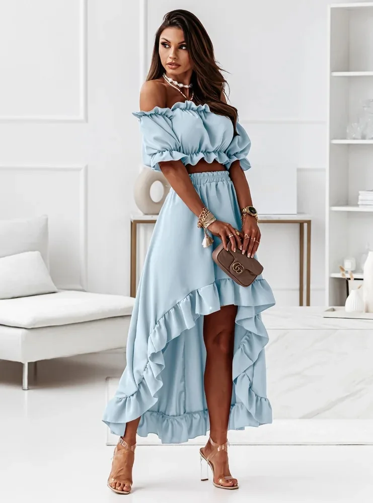 Women's Two-Piece Set – Off-Shoulder Crop Top – Ruffles – High-Waist Skirt – Elegant Fit - Image 3