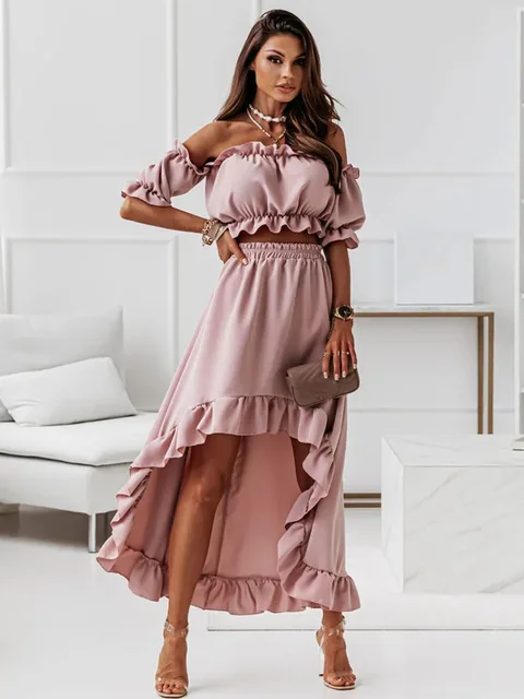 Women's Two-Piece Set – Off-Shoulder Crop Top – Ruffles – High-Waist Skirt – Elegant Fit - Image 4