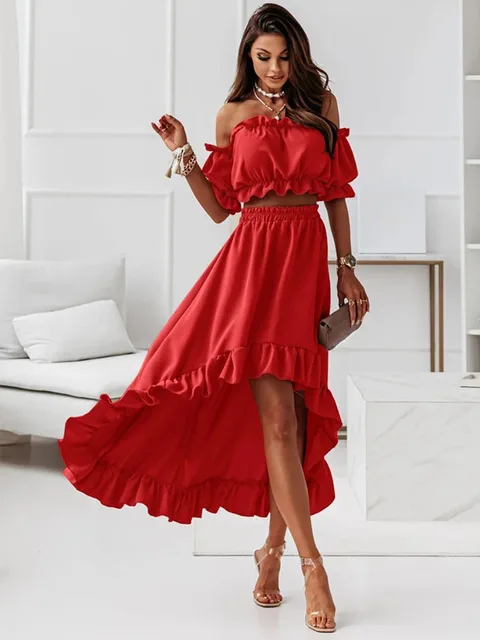 Women's Two-Piece Set – Off-Shoulder Crop Top – Ruffles – High-Waist Skirt – Elegant Fit - Image 5