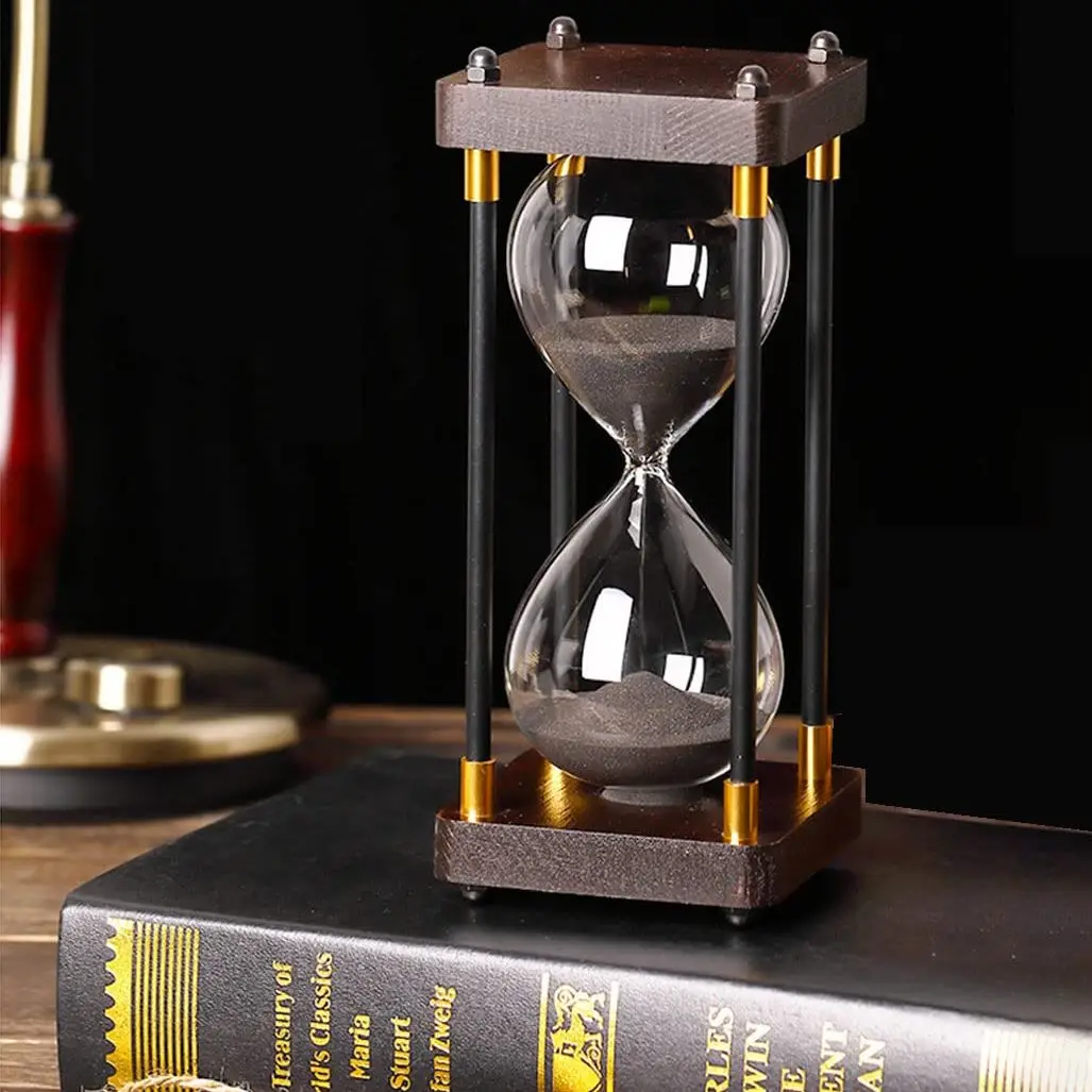 Glass and Wood Hourglass Timer With Gold Accents - Image 2