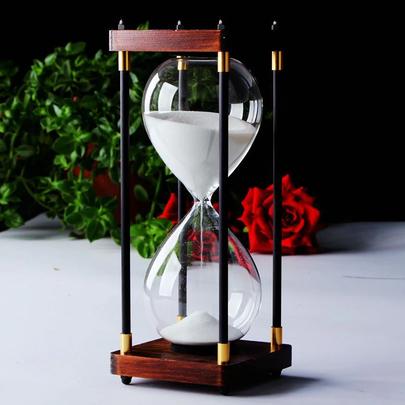Glass and Wood Hourglass Timer With Gold Accents - Image 3