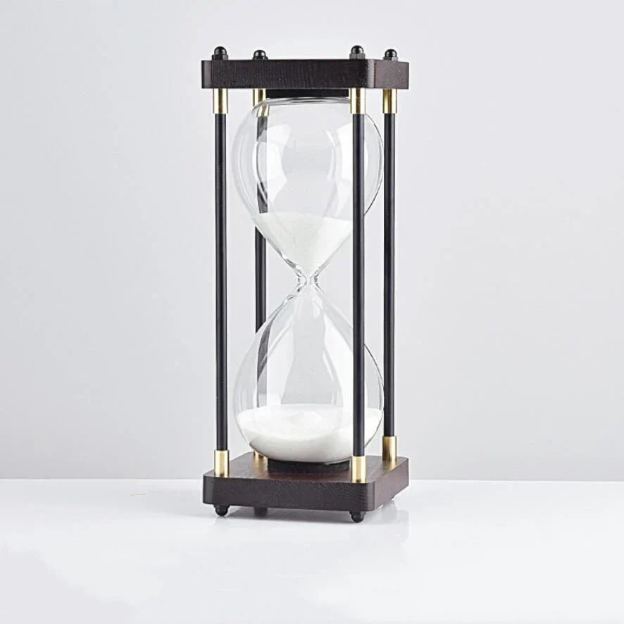 Glass and Wood Hourglass Timer With Gold Accents - Image 5