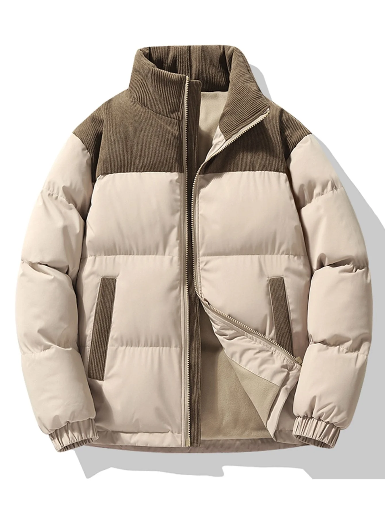 Men's Puffer Jacket – Quilted – High Collar – Corduroy Details – Zipper Closure – Heat-Retaining - Image 2