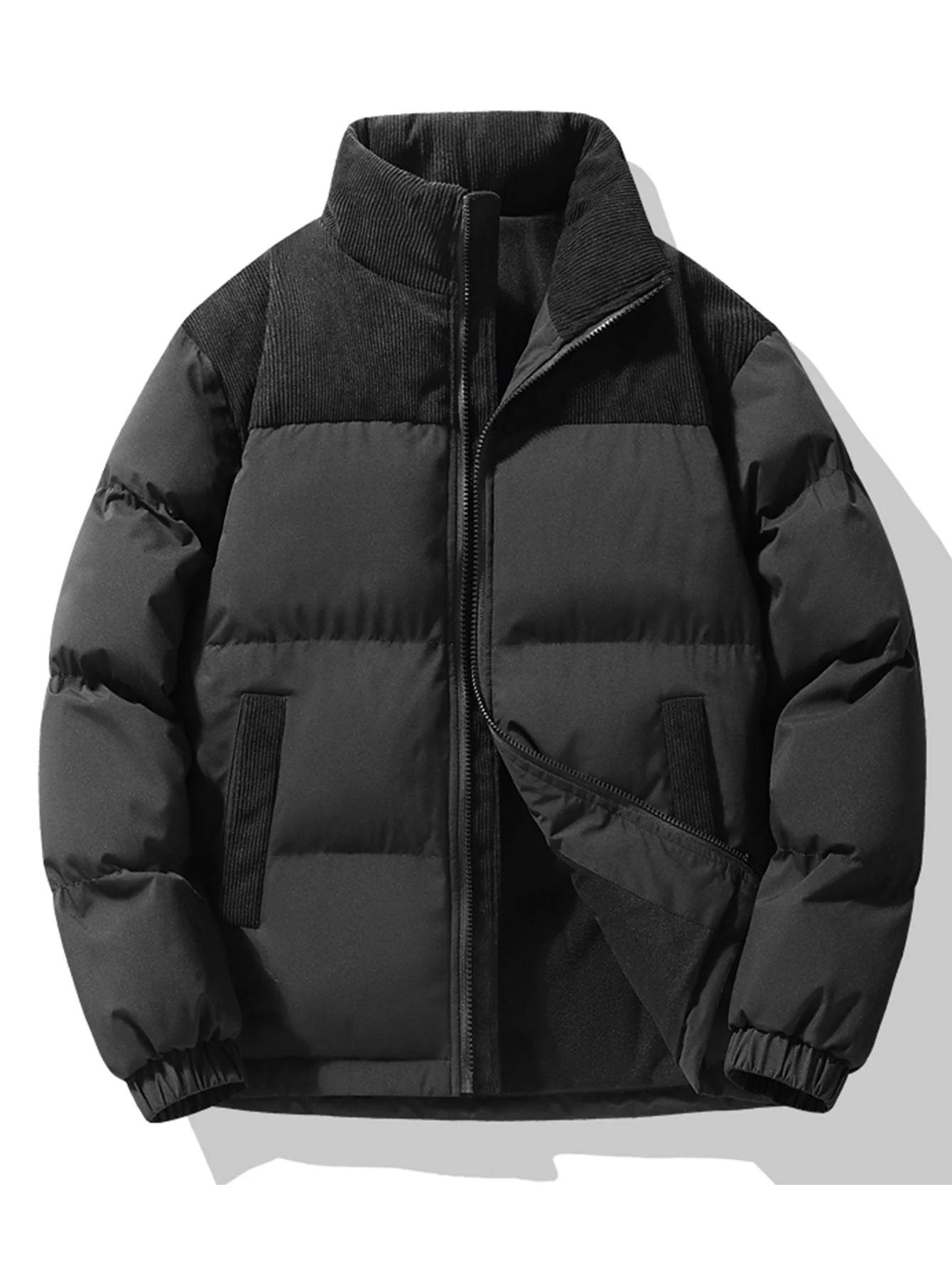 Men's Puffer Jacket – Quilted – High Collar – Corduroy Details – Zipper Closure – Heat-Retaining - Image 3