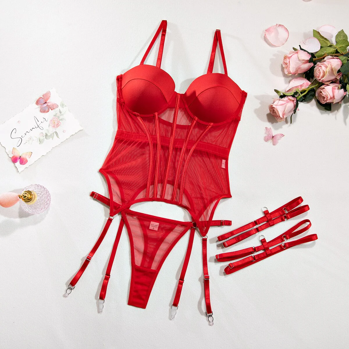 Ladies Lingerie Set – Sheer Bodysuit with Underwire Cups – Adjustable Straps – Garters - Image 13