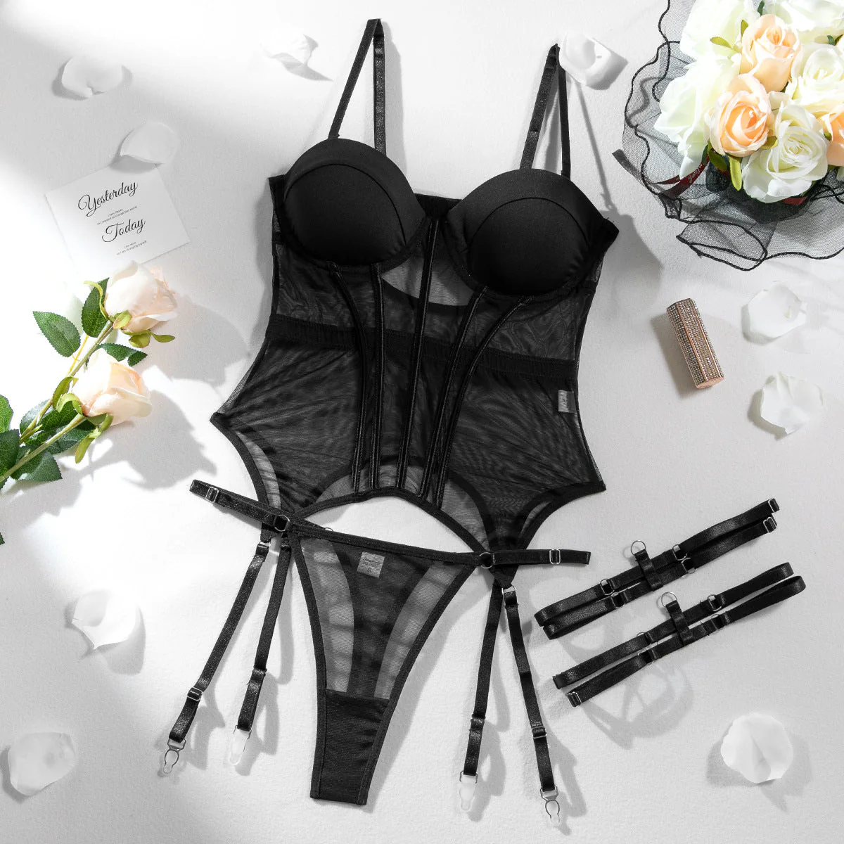 Ladies Lingerie Set – Sheer Bodysuit with Underwire Cups – Adjustable Straps – Garters - Image 16