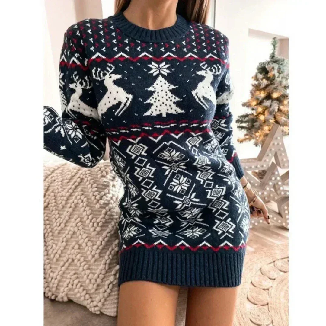 Women's Knitted Sweater Dress - Long Sleeves - Round Neck - Soft Warm Fabric - Pattern Print - Image 3