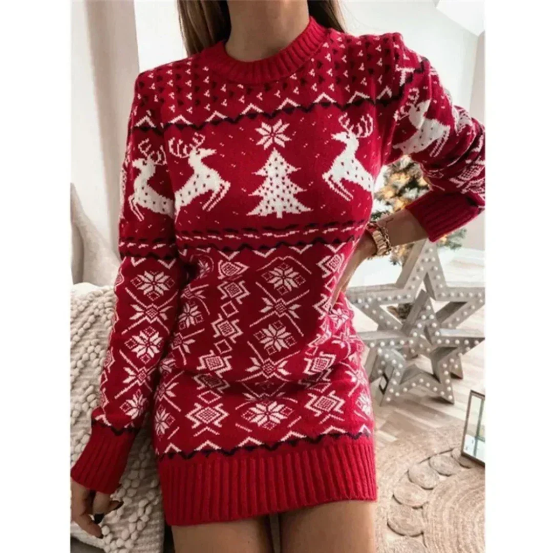 Women's Knitted Sweater Dress - Long Sleeves - Round Neck - Soft Warm Fabric - Pattern Print - Image 4