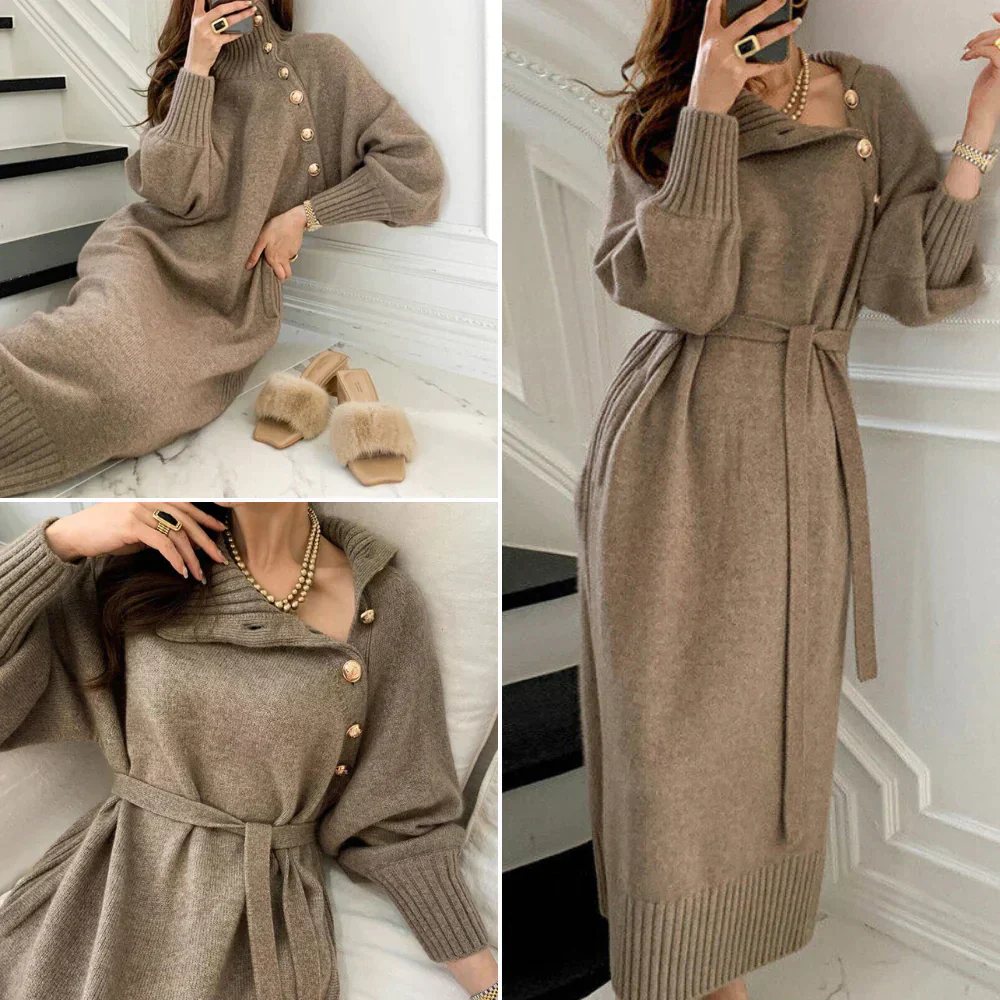 Women's Knitted Sweater Dress - Midi Length - Turtleneck - Waist Belt - Long Sleeve - Image 2