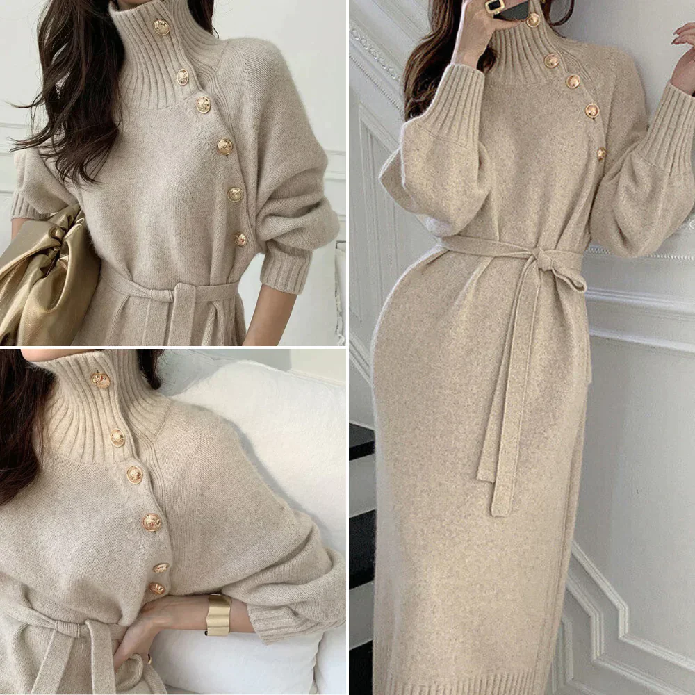 Women's Knitted Sweater Dress - Midi Length - Turtleneck - Waist Belt - Long Sleeve - Image 3