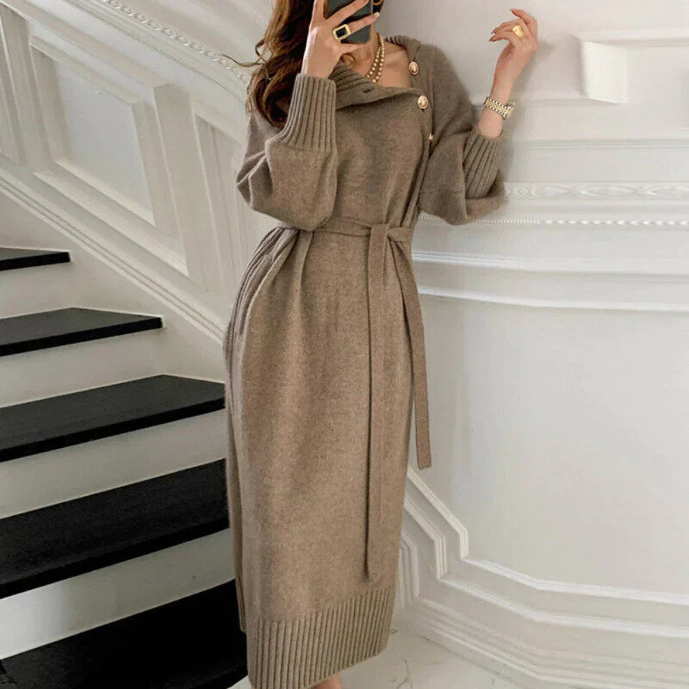 Women's Knitted Sweater Dress - Midi Length - Turtleneck - Waist Belt - Long Sleeve - Image 4