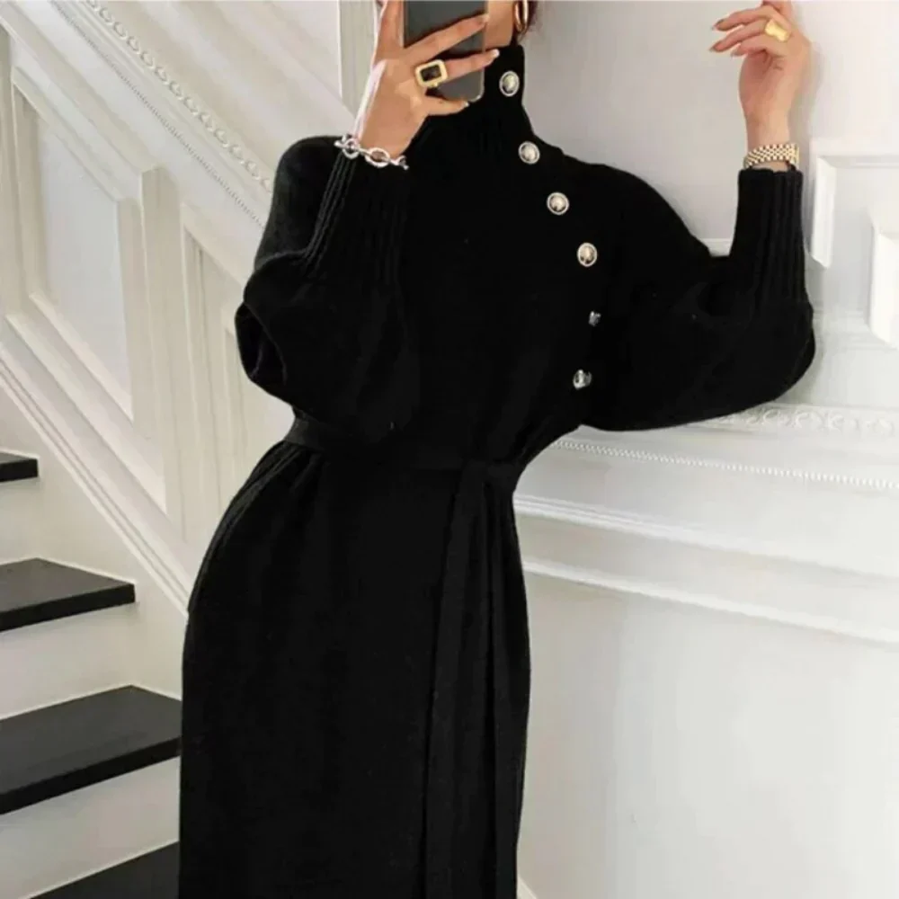 Women's Knitted Sweater Dress - Midi Length - Turtleneck - Waist Belt - Long Sleeve - Image 5