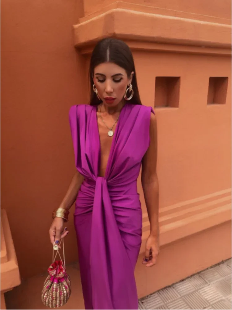 Women's Cocktail Dress – Deep V-Neck – Midi Length – Front Split – Fitted Model - Image 6