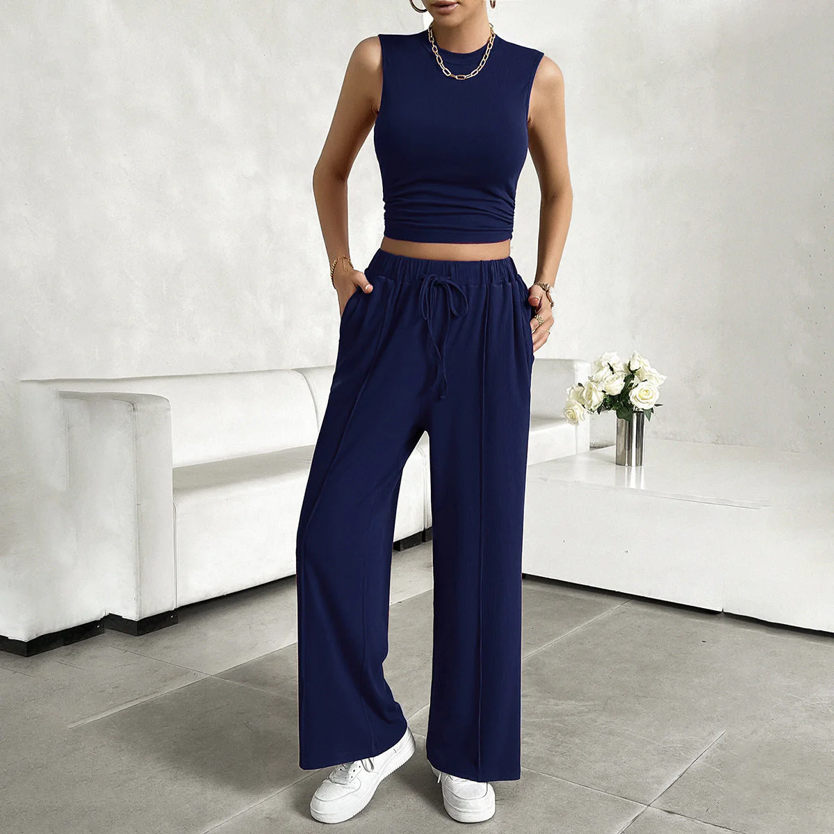 Ladies 2-piece Set – Sleeveless Crop Top – Wide Pants – Breathable Comfort Fit - Image 2