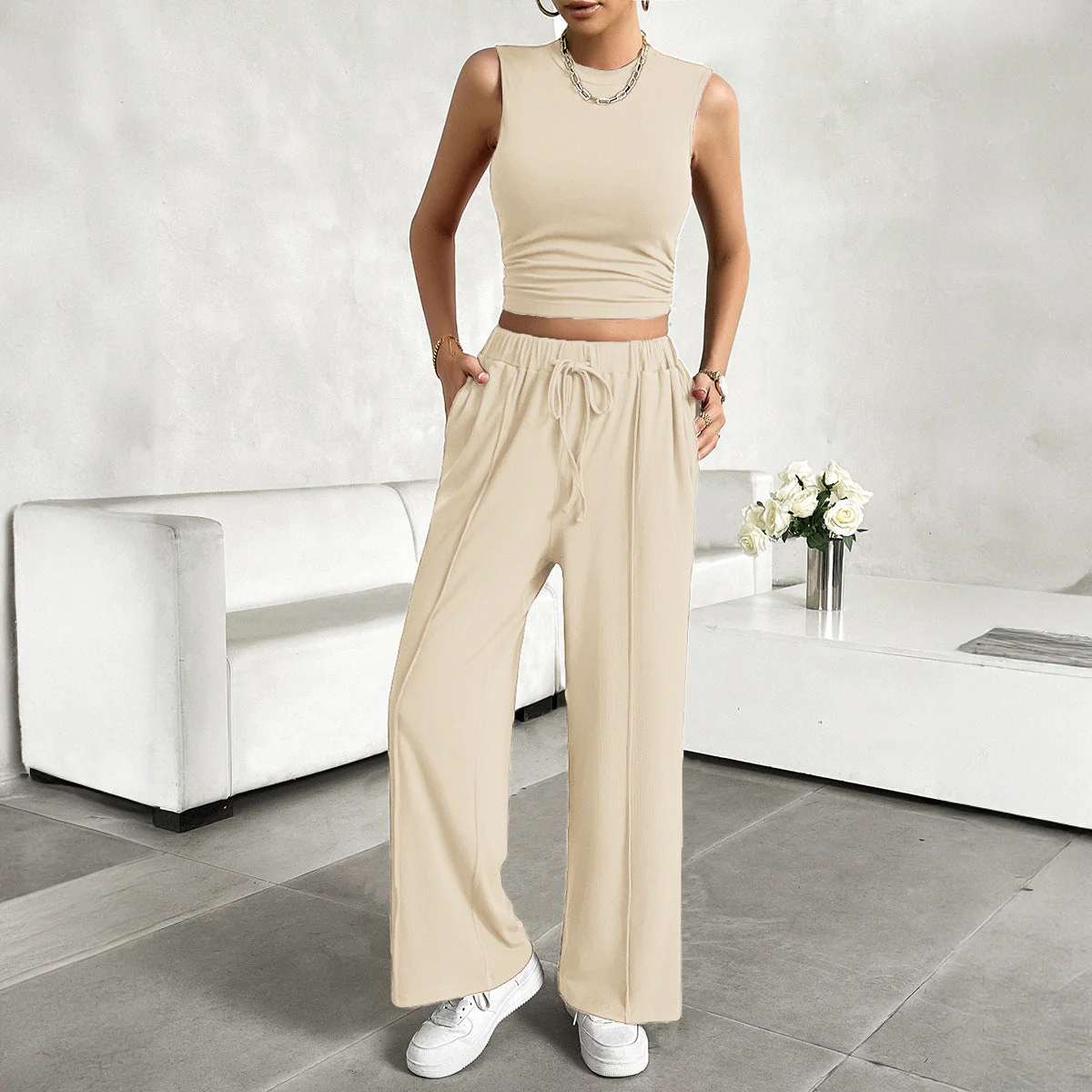 Ladies 2-piece Set – Sleeveless Crop Top – Wide Pants – Breathable Comfort Fit - Image 4