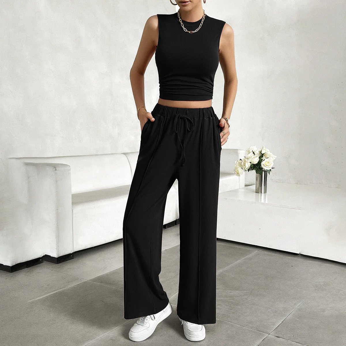 Ladies 2-piece Set – Sleeveless Crop Top – Wide Pants – Breathable Comfort Fit - Image 5
