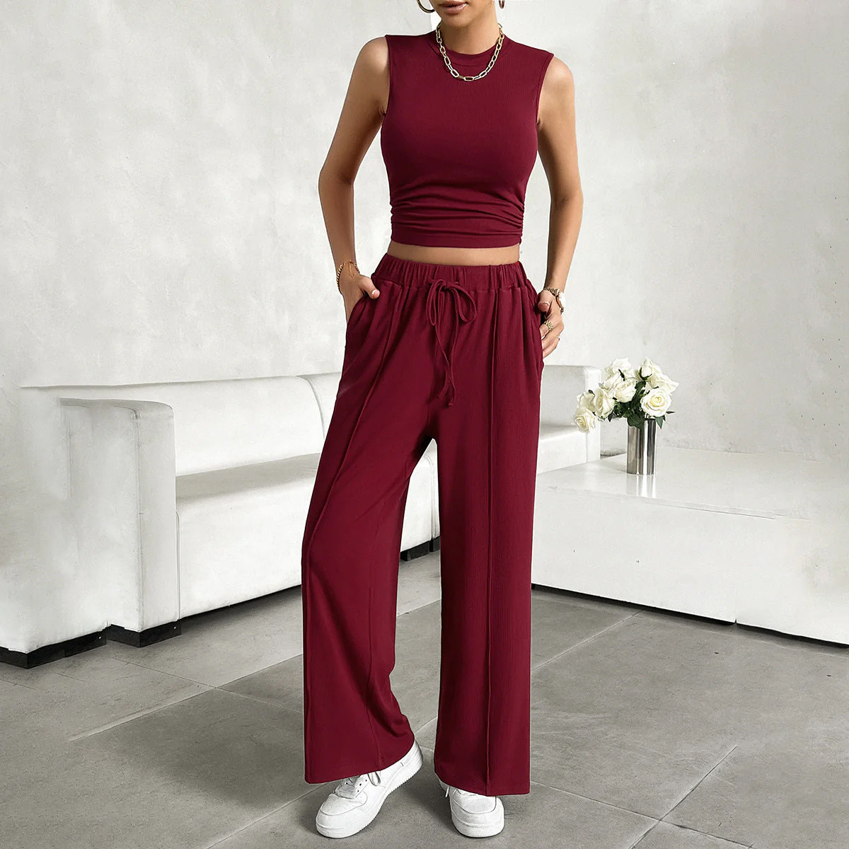 Ladies 2-piece Set – Sleeveless Crop Top – Wide Pants – Breathable Comfort Fit - Image 6